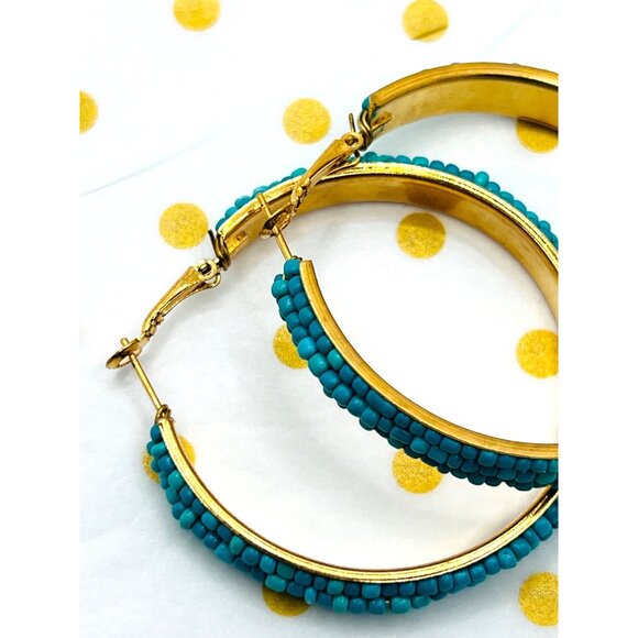 Gold-Tone Hoop Earrings With Turquoise Beaded Detailing For Women 2.25” Diameter - Picture 2 of 2